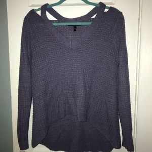 Purple shoulder cut out high low sweater